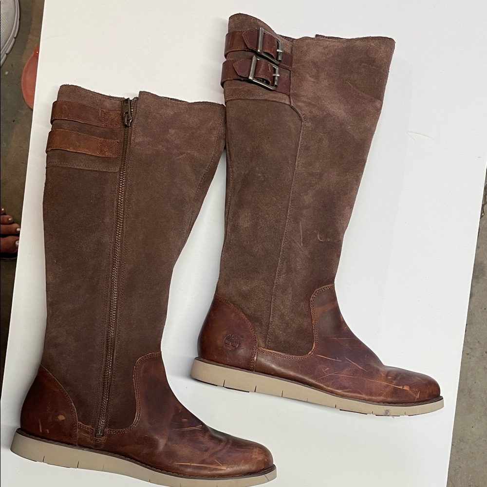 Timberland women’s Sensorflex Knee High A1KFW Brown Leather Side Zip, 8.5